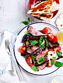 Spiced steak with grilled eggplant salad