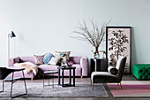 Pale purple sofa and chairs in living room