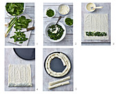 A borek spiral with spinach and feta cheese being made