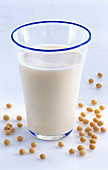 A glass of soy milk surrounded by soybeans