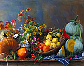 Autumn still life with pumpkins and quinces