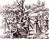 Peasants dancing, 16th century illustration