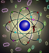 Tightrope walker on atom surrounded by viruses, illustration