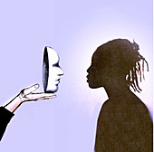 Black woman facing a white mask, illustration