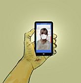 Video call with man wearing face mask, illustration