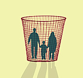 Family in a waste paper bin, illustration