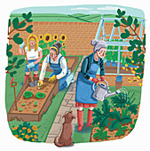 Women gardening together, illustration