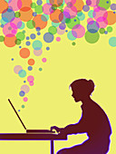 Bubbles streaming from a woman's laptop, illustration