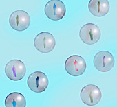 People in separate bubbles, illustration