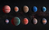 Ten hot Jupiter exoplanets, illustration