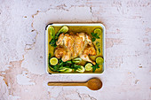 Spatchcock Chicken Cooked in Thai Green Curry with Asian Greens and Limes