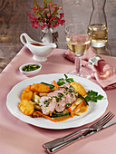 Roast veal with gremolata, roasted vegetables and dauphines potato