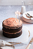 Chocolate birthday cake with chocolate frosting