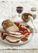 Roast pork with apples and red wine sauce