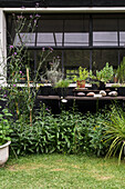 Garten mit Pflanzentisch vor Fenster