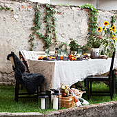 Herbstlich gedeckter Tisch an der bewachsenen Gartenmauer