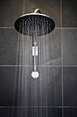 Rainfall shower head in bathroom with black tiles