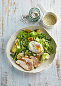 Farmer salad with poched egg and mustard dressing