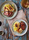 Beef fillet, Marmite mash and roasted cabbage