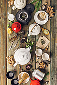 Various tea and teapots composition, dried herbal, green, black tea and matcha tea