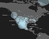 Map of known meteorite landings in North and Central America