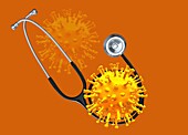 Coronavirus particles and stethoscope, illustration