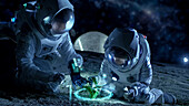 Astronauts analysing alien plant life