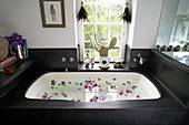 Wasser mit Rosenblüten in Badewanne mit schwarzer Holzverkleidung
