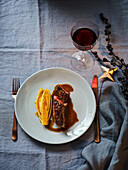 Saddle of venison with glazed chicory and coffee sauce (Christmas)