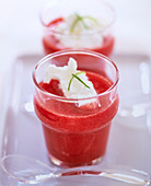 Strawberry soup with cream and lime zest