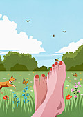 Damenfüße mit lackierten Zehennägeln auf sonniger, idyllischer Frühlingswiese (Illustration)