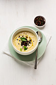 Kohlrabi and sweet potato soup with pumpernickel croutons
