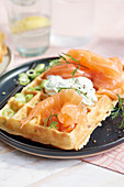 'Nordic Style' waffles with smoked salmon, sour cream and dill