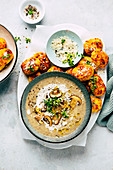 Mushroom soup with crispy parmesan tater tots