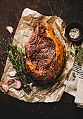 Grilled beef chop with rosemary and garlic