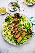 Salad with steak strips and zoodles