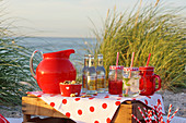 Picnic on the beach with various drinks and a red pitcher