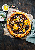 Galette with caramelized onions, mushrooms, and cheese