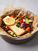 Roasted vegetables in parchment paper with tofu (vegan)