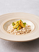 Riesling barley risotto with caramelized Brussels sprouts (vegan)