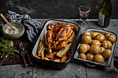 Roasted chicken with vegetables and potatoes