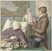 Doctor visits a sick old woman in bed, 18th century painting