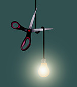 Scissors cutting a light bulb wire, illustration
