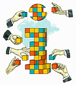 Hands building information symbol with blocks, illustration