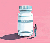 Girl contemplating prescription medicine, illustration