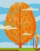Man watering a brain-shaped tree, illustration