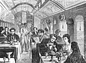 Railroad restaurant, 19th century illustration