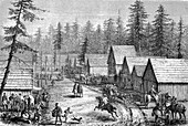 Frontier town, California, USA, 19th century illustration