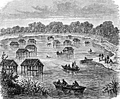 Pile dwellings in Lake Mohrja, Urua, illustration