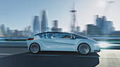 Man and woman talking in a driverless car